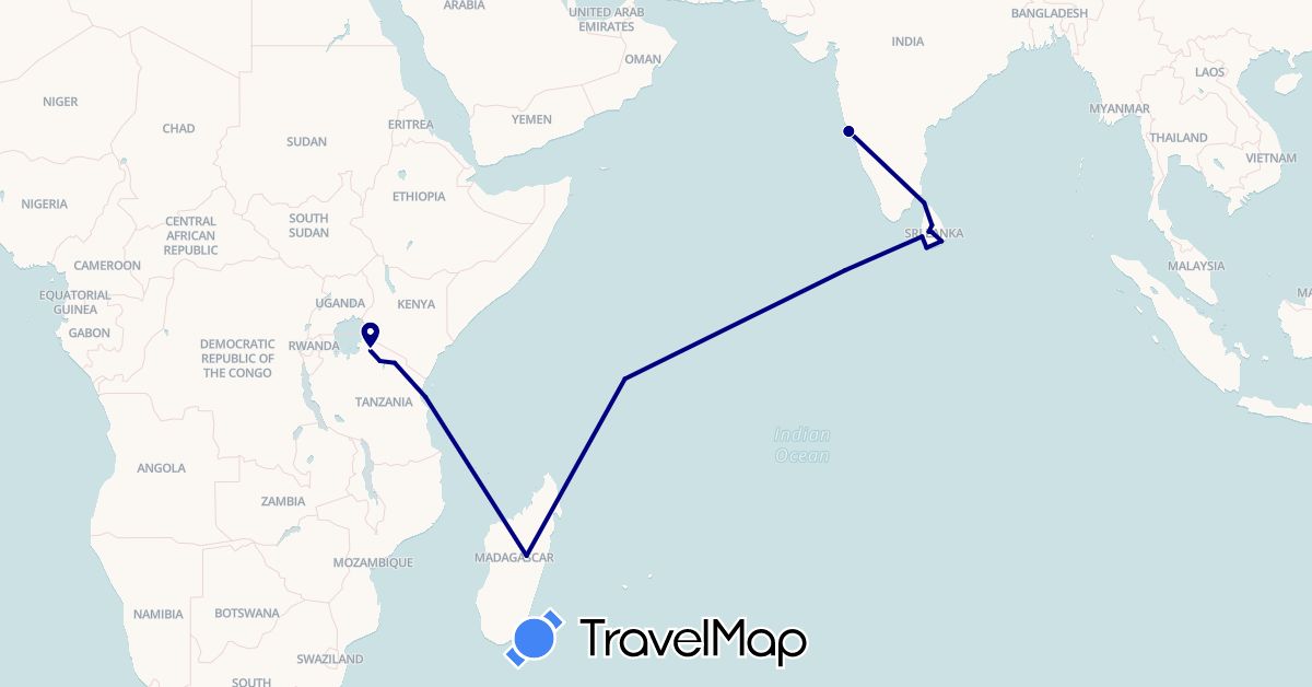 TravelMap itinerary: driving in India, Sri Lanka, Madagascar, Maldives, Seychelles, Tanzania (Africa, Asia)